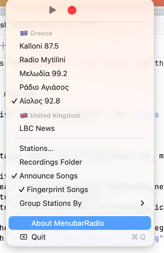Play, record, and your stations grouped by country — straight from the menu bar.